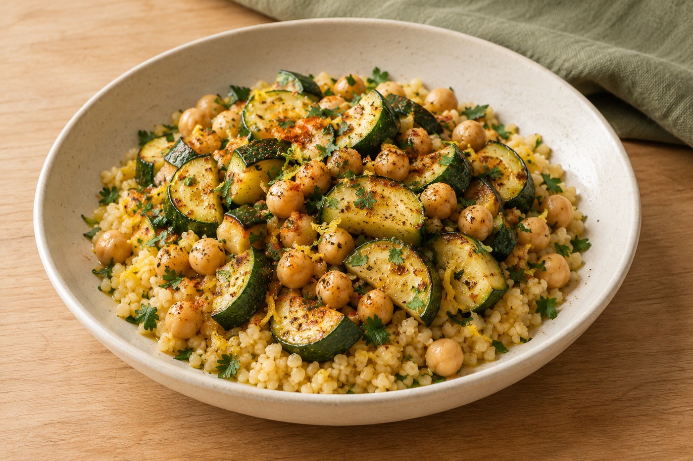 Zucchini und Kichererbsen mit Zitronenbulgur, Abbildung des Gerichts aus dem Rezeptbuch