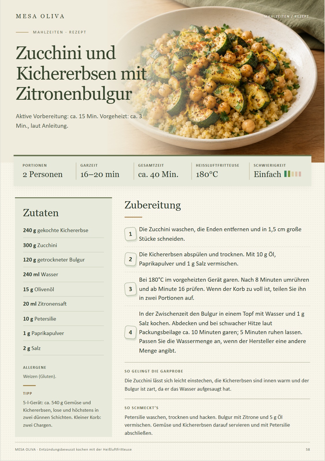 Seite 58 des Rezeptbuchs: Zucchini und Kichererbsen mit Zitronenbulgur, Zutaten und Zubereitung
