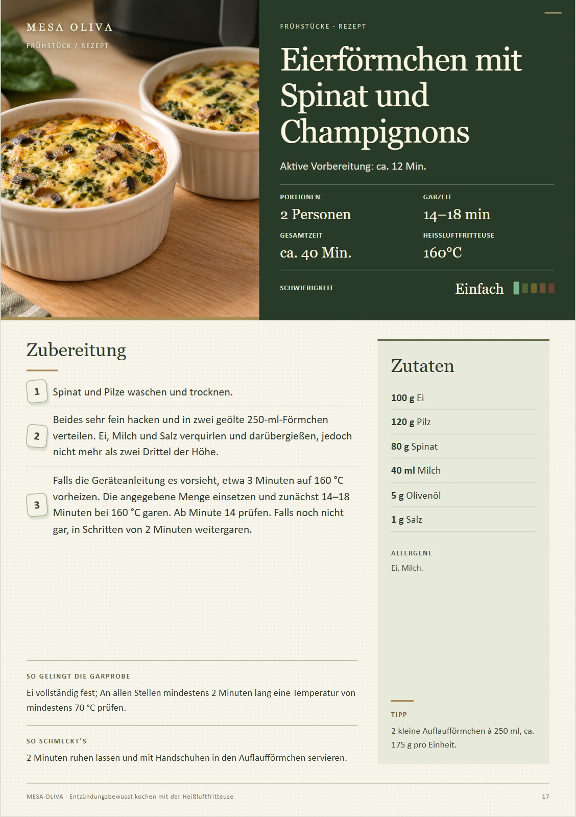Seite 17 des Rezeptbuchs: Eierförmchen mit Spinat und Champignons